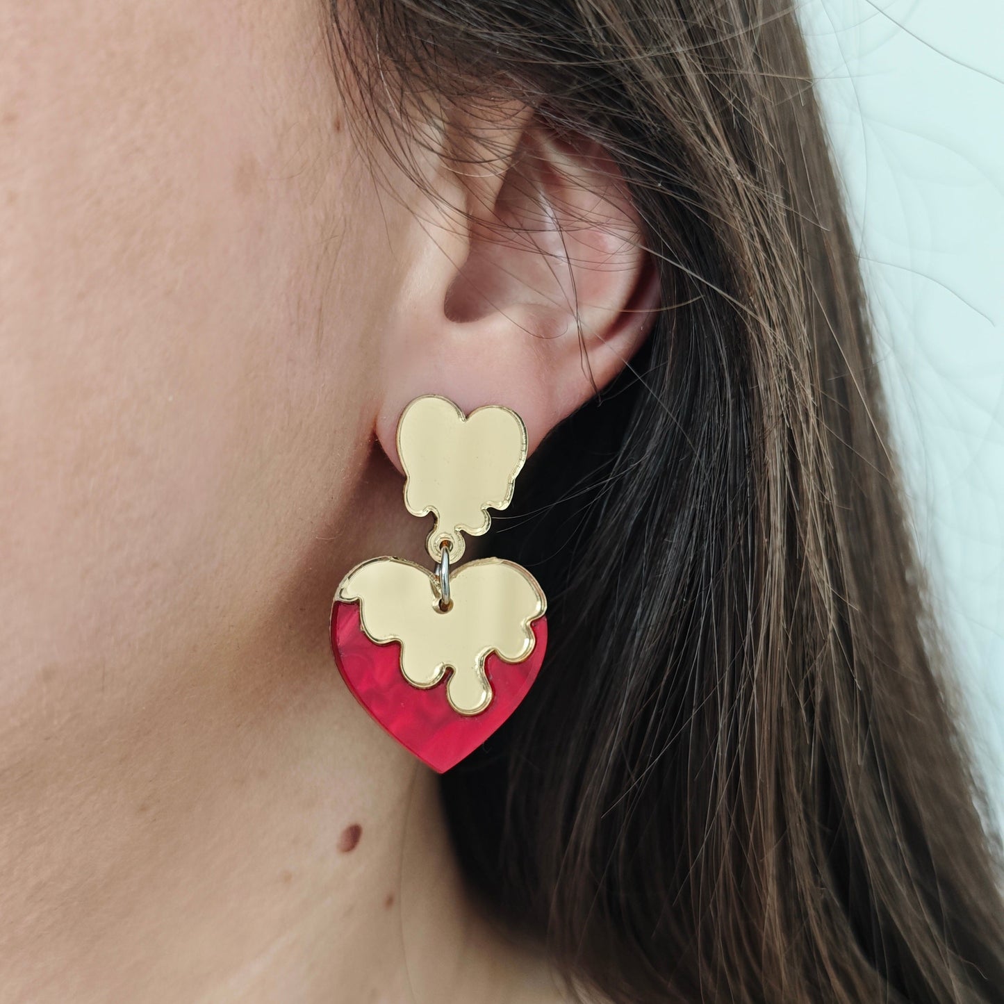 earring melting glazing heart lightweight acrylic metallic mirror gold marble red stainless steel hypoallergenic wood