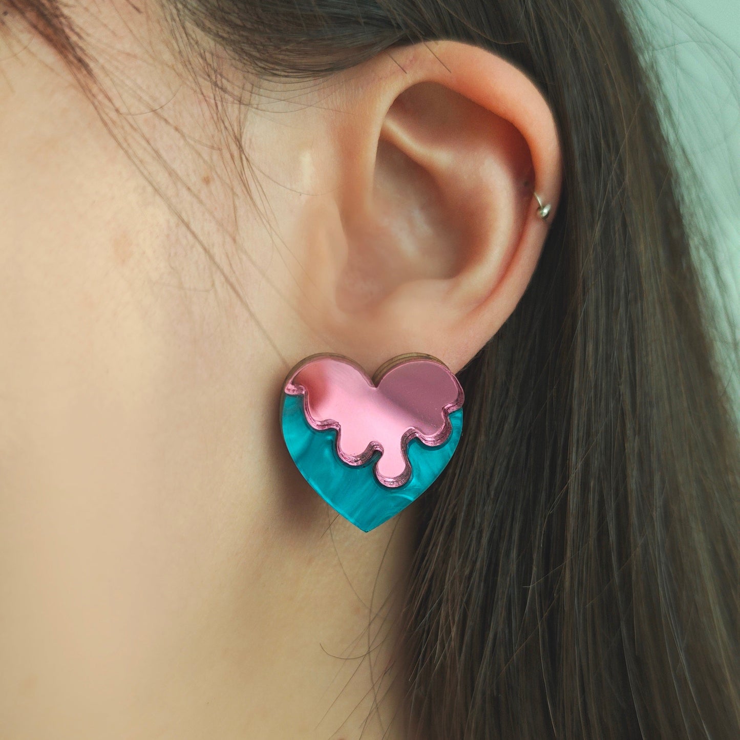 earring melting glazing heart lightweight acrylic metallic mirror pink marble blue stainless steel hypoallergenic wood