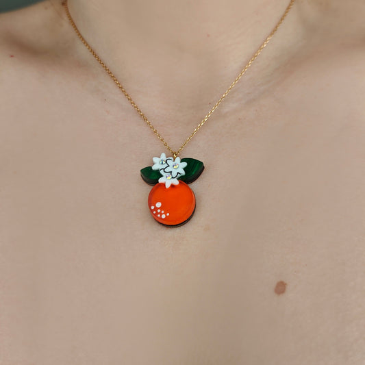Orange fruit branch flowers leaves lightweight acrylic wood crystal stainless steel hand inked chain silver sterling S925 hypoallergenic
