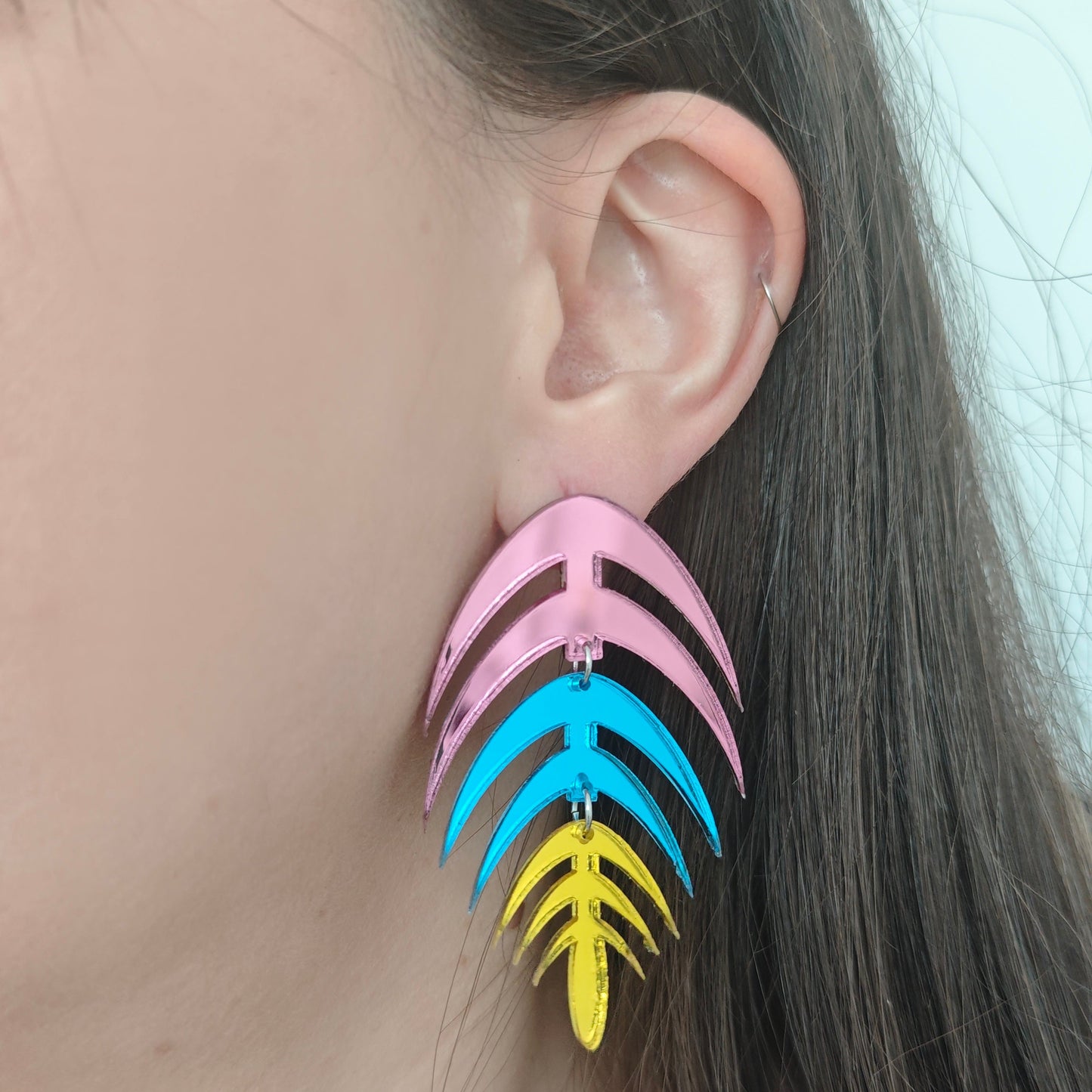 palm leaf pink blue yellow acrylic lightweight stainless steel hypoallergenic