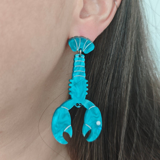 blue lobster lightweight dangle earring acrylic stainless steel pearl crystal chunky