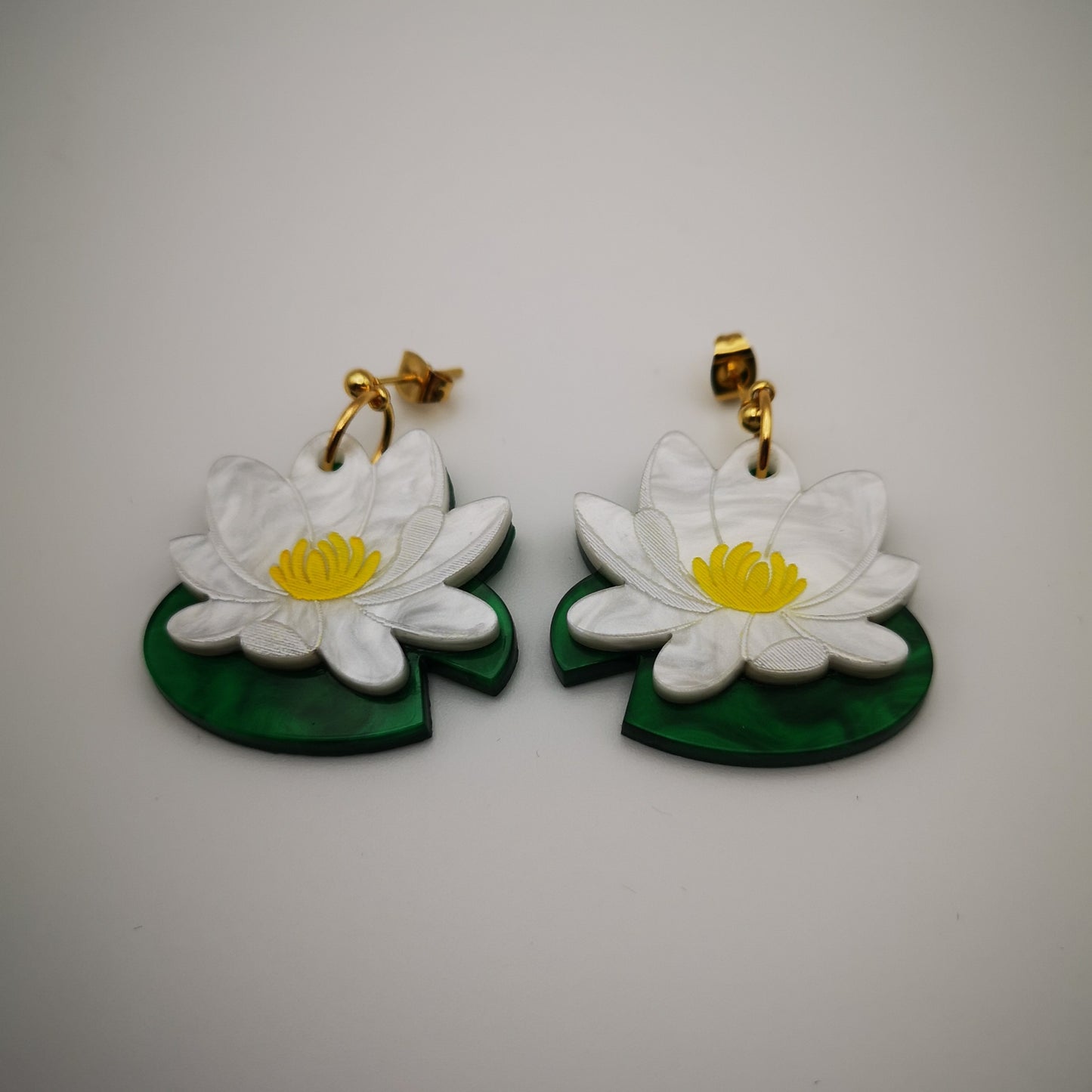 nenufar lilypad flower earrings white green yellow stainless steel gold drop ball stud