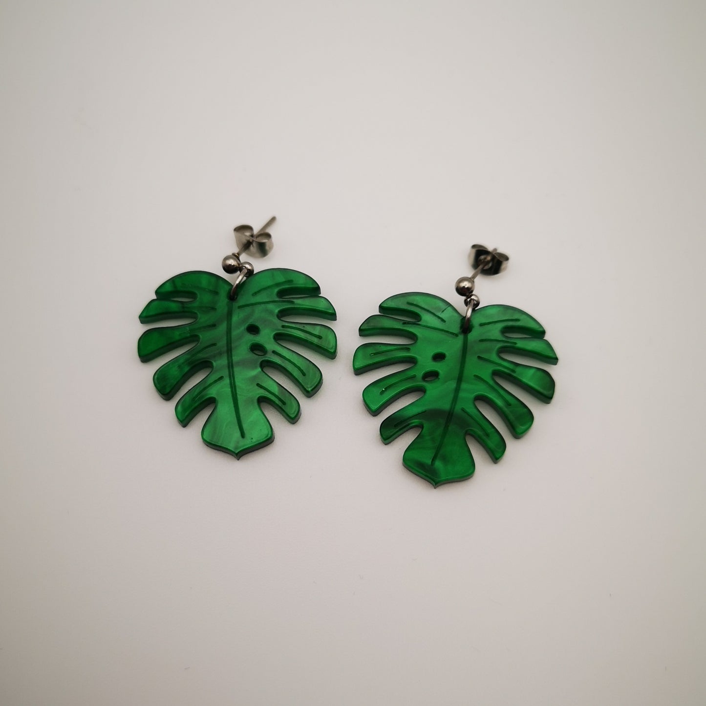 monstera leaf earrings green acrylic stainless steel ball drop stud