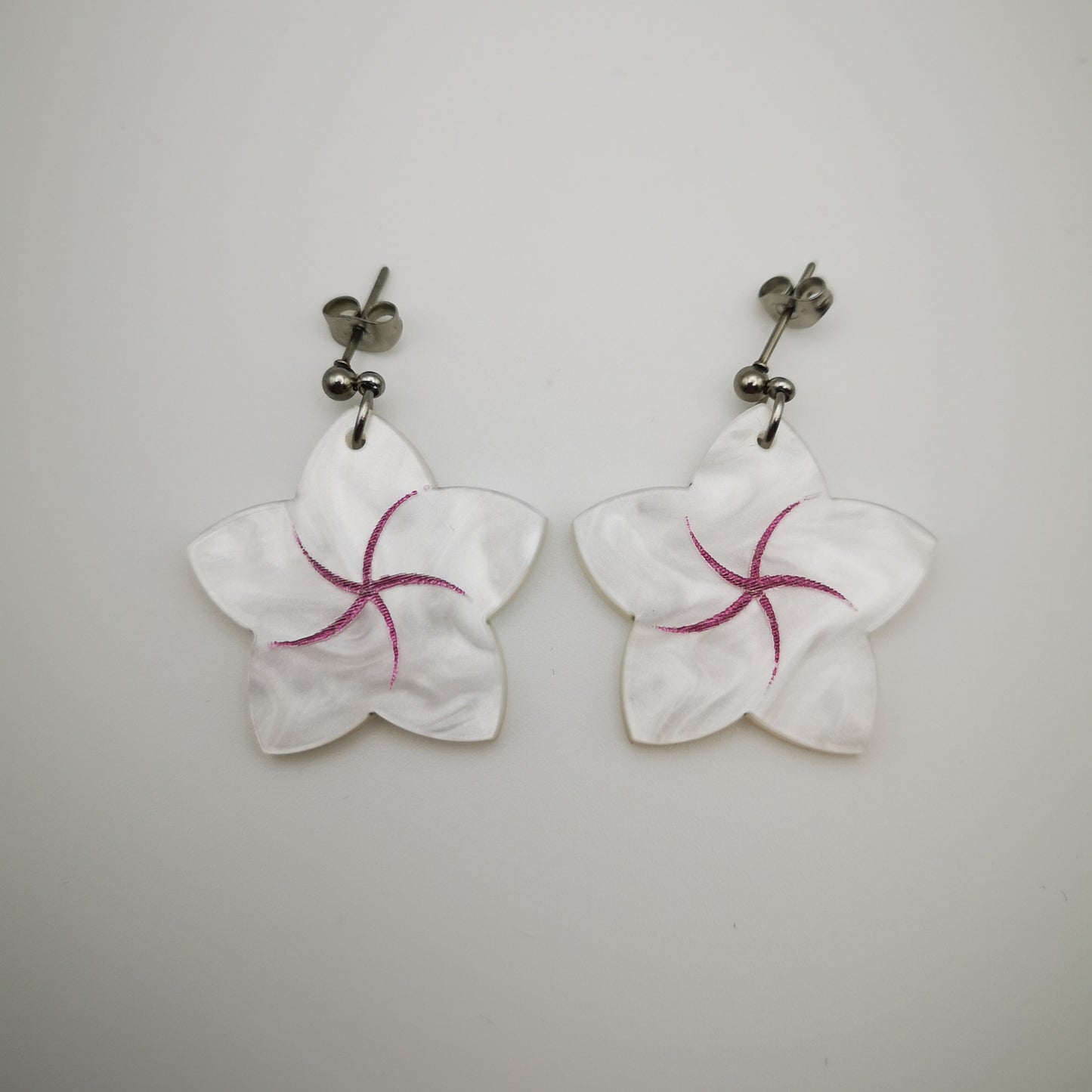 hanging frangipani flower earrings white pink acrylic stainless steel drop ball stud