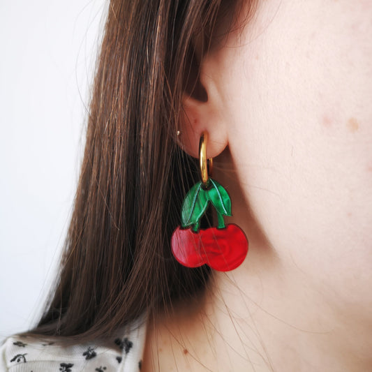 cherries earrings hoop green red acrylic stainless steel gold