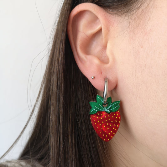 strawberries cream earrings hoop green red pink mirror acrylic stainless steel gold