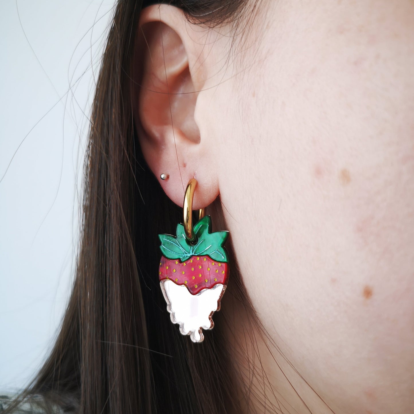 strawberries cream earrings hoop green red pink mirror acrylic stainless steel gold