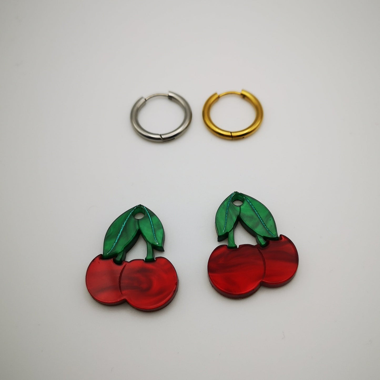 cherries earrings hoop green red acrylic stainless steel gold