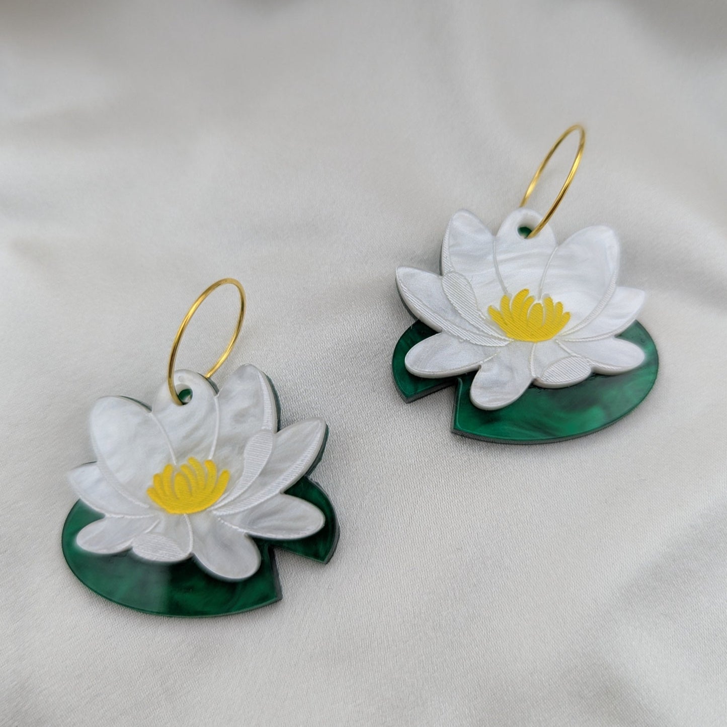 nenufar lilypad flower earrings white green yellow stainless steel gold hoop
