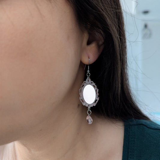 vintage mirror pink glass dangle hook acrylic stainless steel earrings