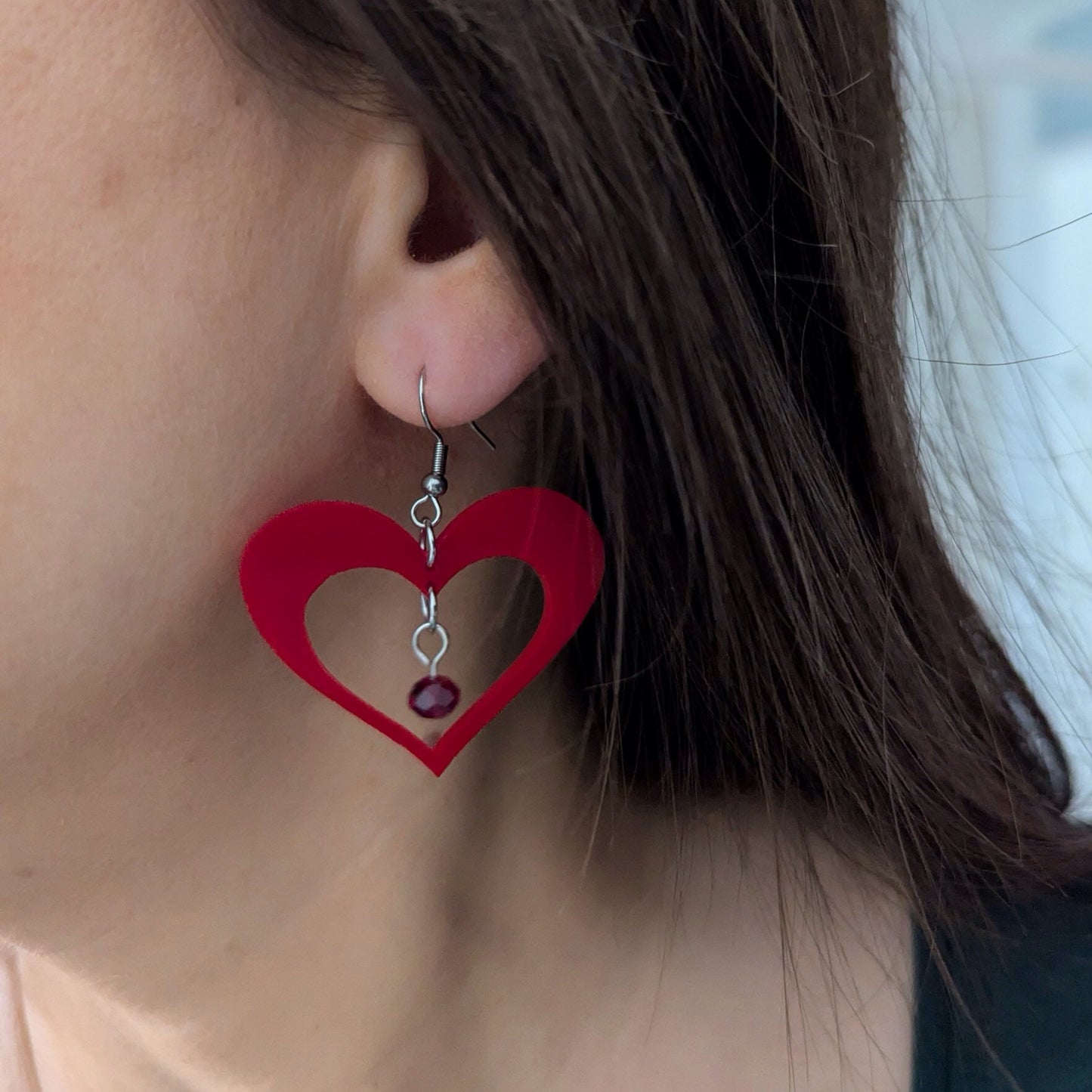 love in red heart silhouette round glass dangle acrylic stainless steel hook earrings