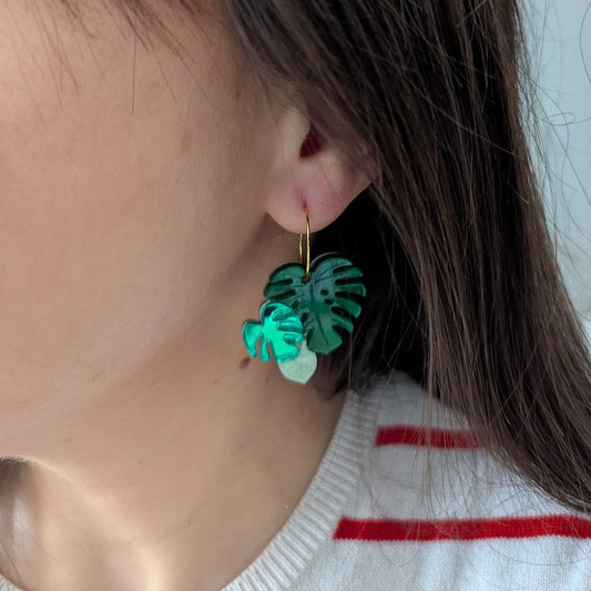 monstera plant earrings green acrylic gold stainless steel hoop
