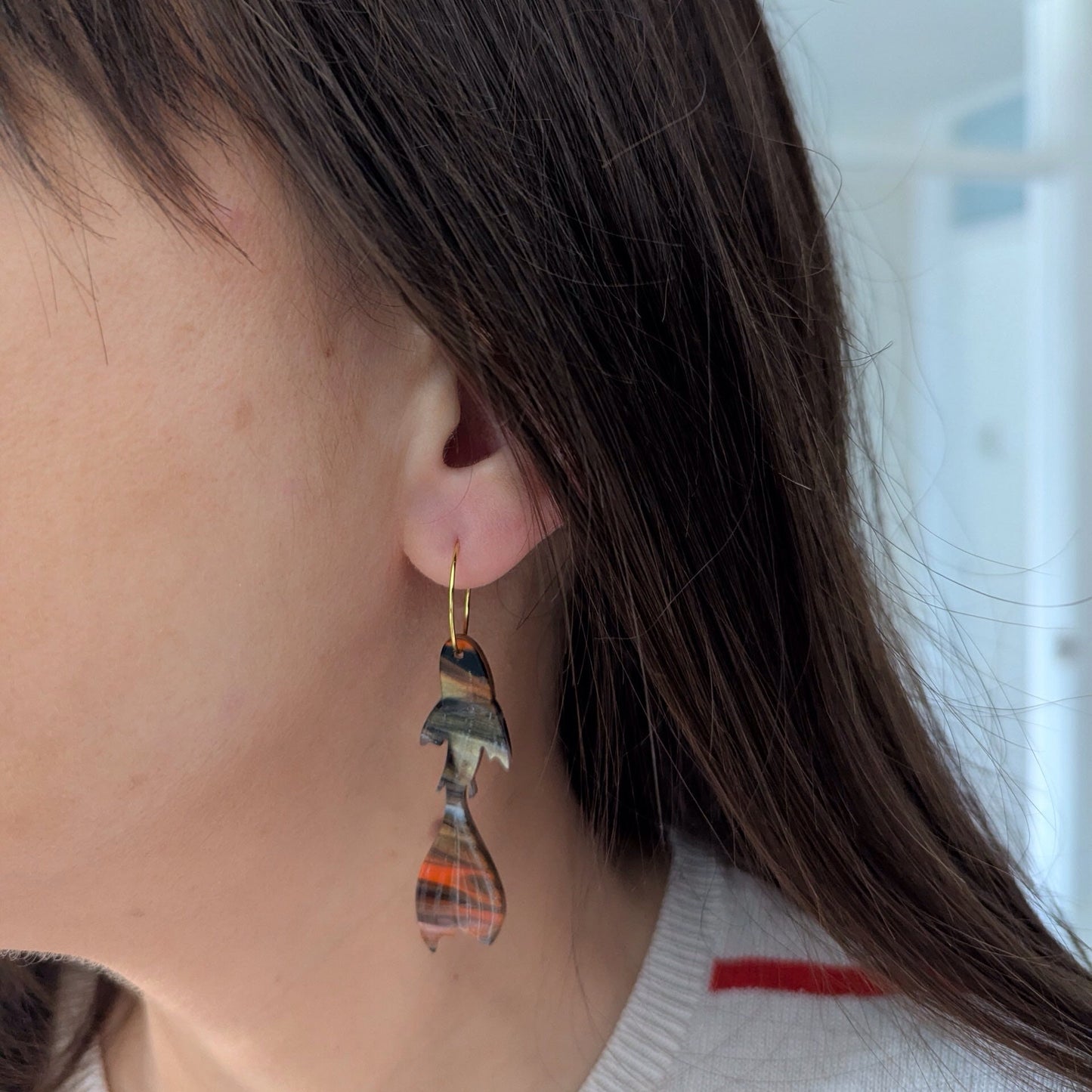 dark koi fish earrings orange black white gold acrylic stainless steel hoop