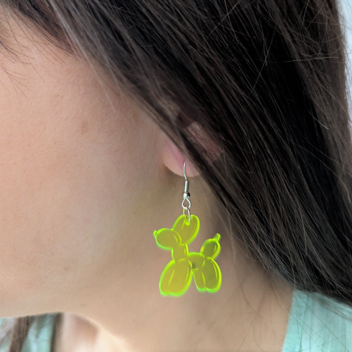 dog shaped balloon glow green acrylic stainless steel earrings silver hook