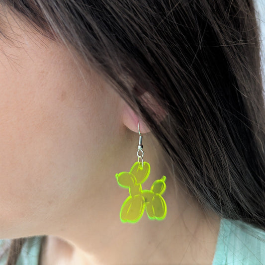 dog shaped balloon glow green acrylic stainless steel earrings silver hook