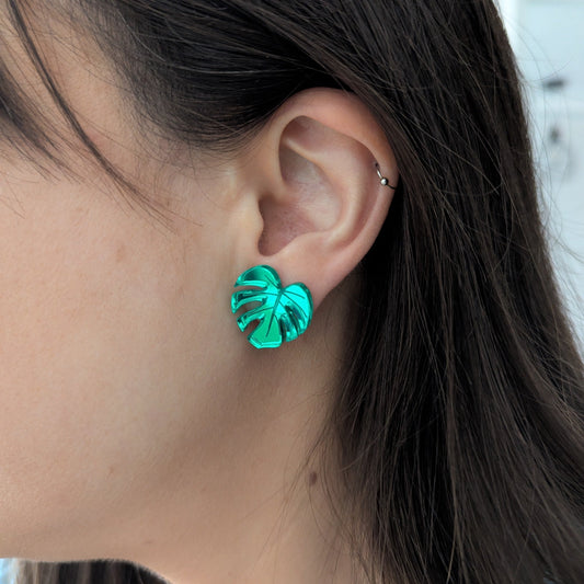 monstera leaf lobe earrings green acrylic stainless steel stud