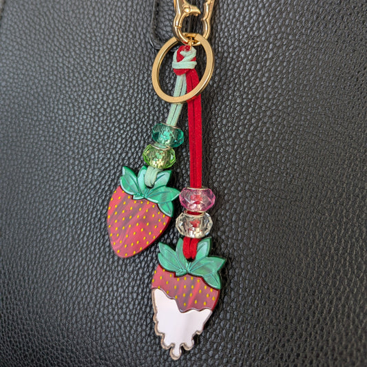 strawberries cream bag charm red green mirror pink yellow acrylic plastic vegan leather cord metal keyring
