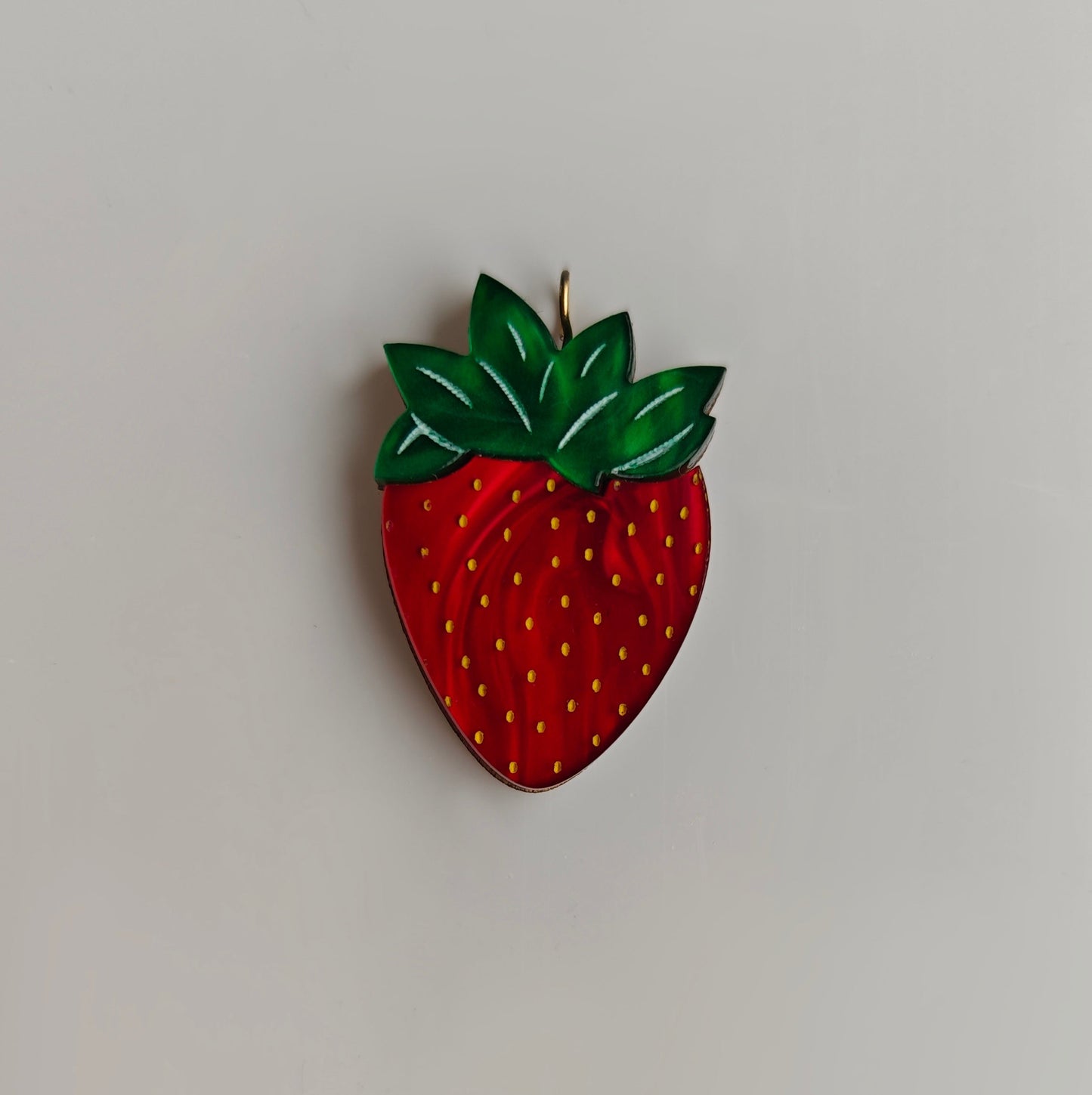 strawberry pendant charm neck chain dark green marbled red laser cut acrylic hypoallergenic lightweight light yellow gold plated S925 sterling silver stainless steel