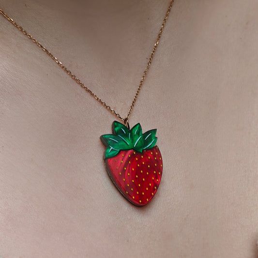 strawberry pendant charm neck chain dark green marbled red laser cut acrylic hypoallergenic lightweight light yellow gold plated S925 sterling silver stainless steel
