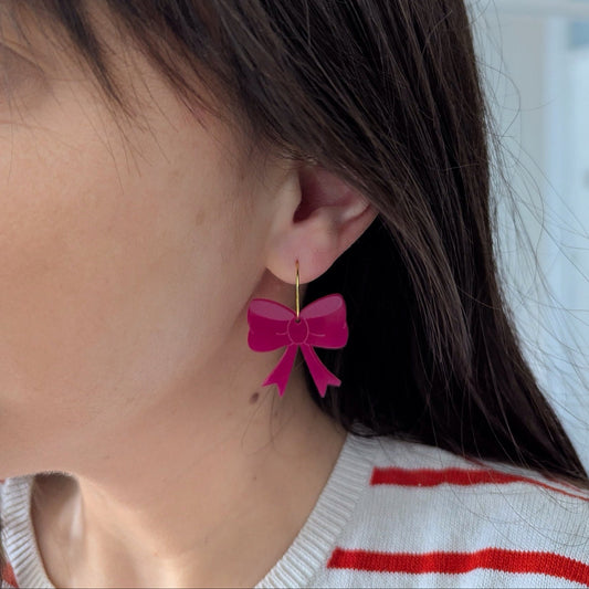 bow lace pink hot acrylic hoop gold acrylic lightweight bold statement earrings hypoallergenic stainless steel