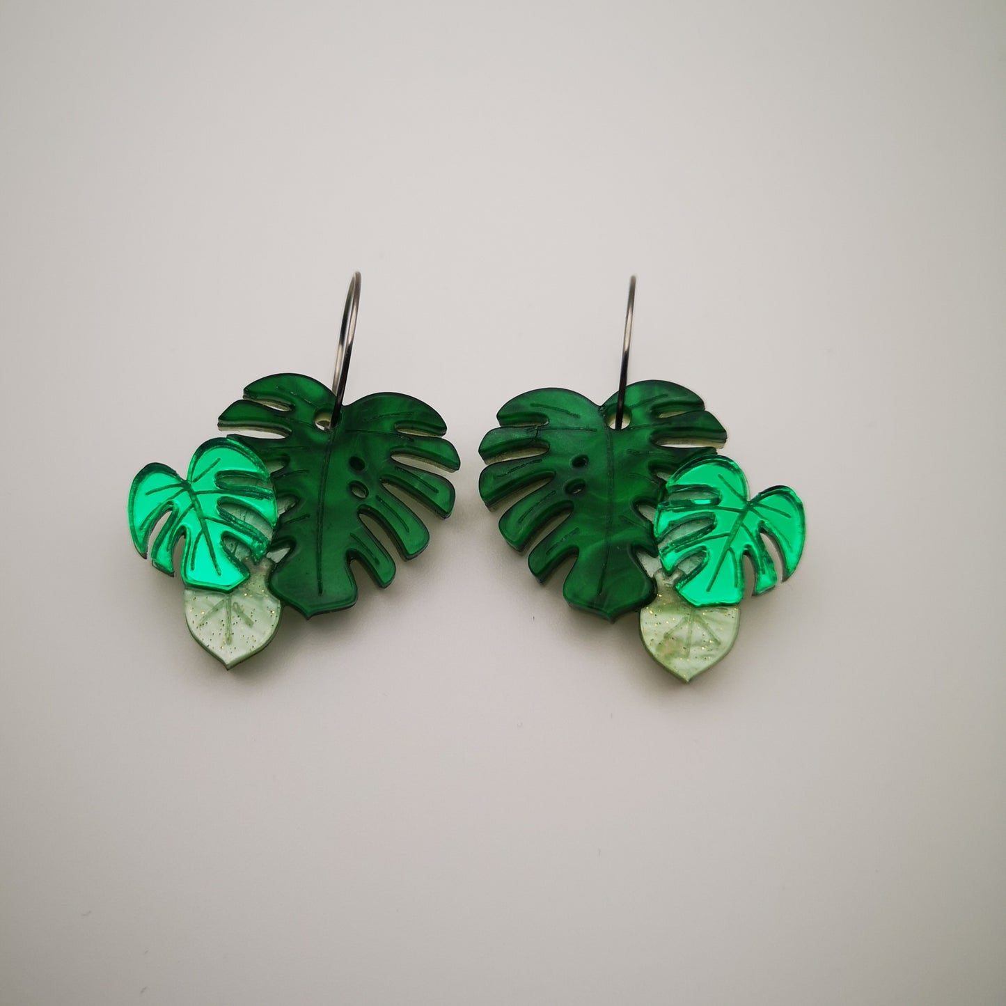 multitone green monstera plant leaves mirror metallic glittery marbled gold hoop stainless steel lightweight acrylic hypoallergenic