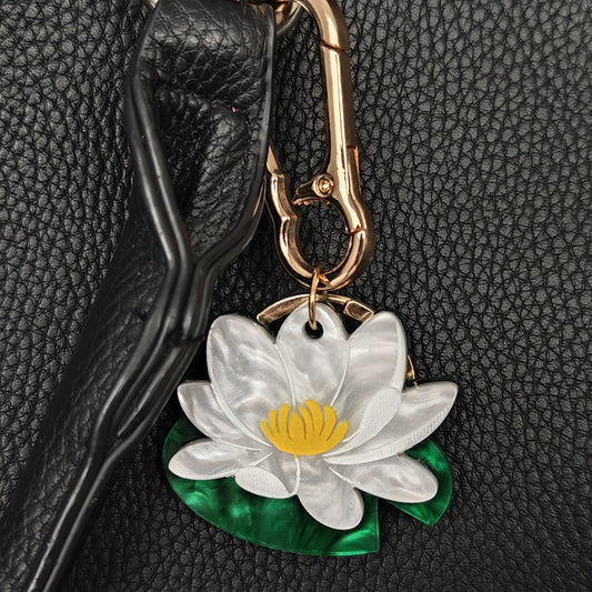 keyring clasp marbled white green hand painted inked acrylic clasp golden lightweight bag charm nenufar