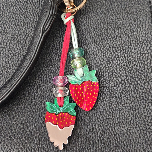 marbled red green dusty pink light acrylic playful lightweight colour beds red clear aqua green vegan leather cord golden clasp keyring strawberries cream