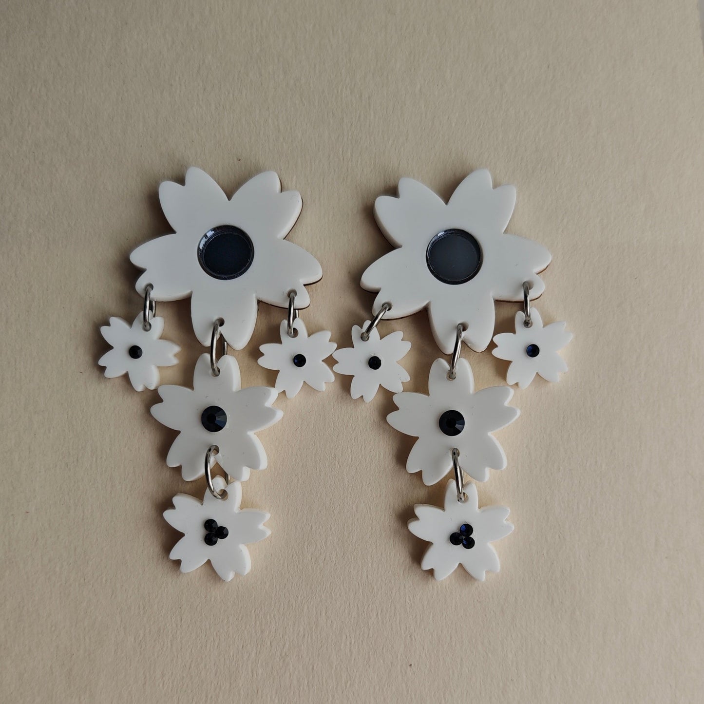 flowers dangled white grey crystal acrylic wood stainless steel hypoallergenic