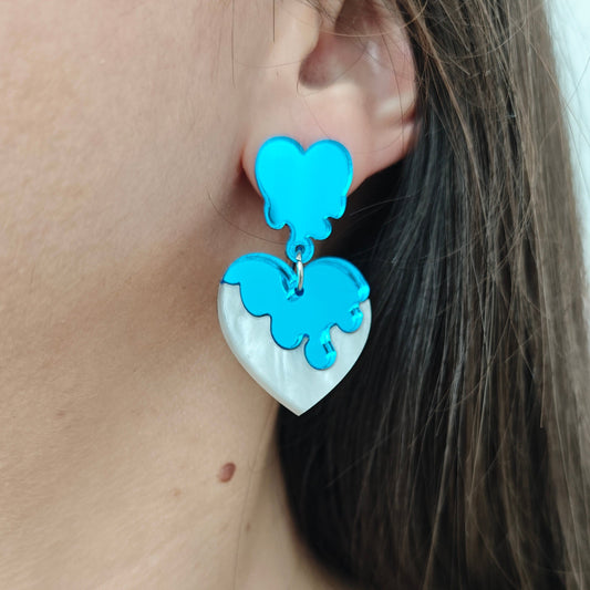 Wearing on earring melting glazing heart lightweight acrylic metallic mirror light blue marble white stainless steel hypoallergenic wood