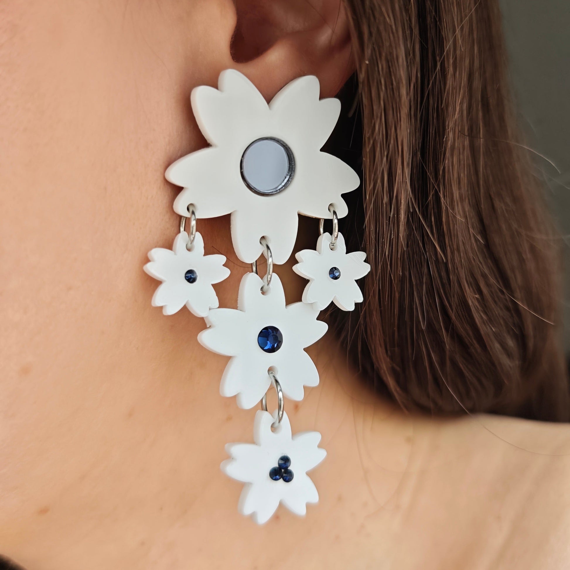flowers dangled white grey crystal acrylic wood stainless steel hypoallergenic