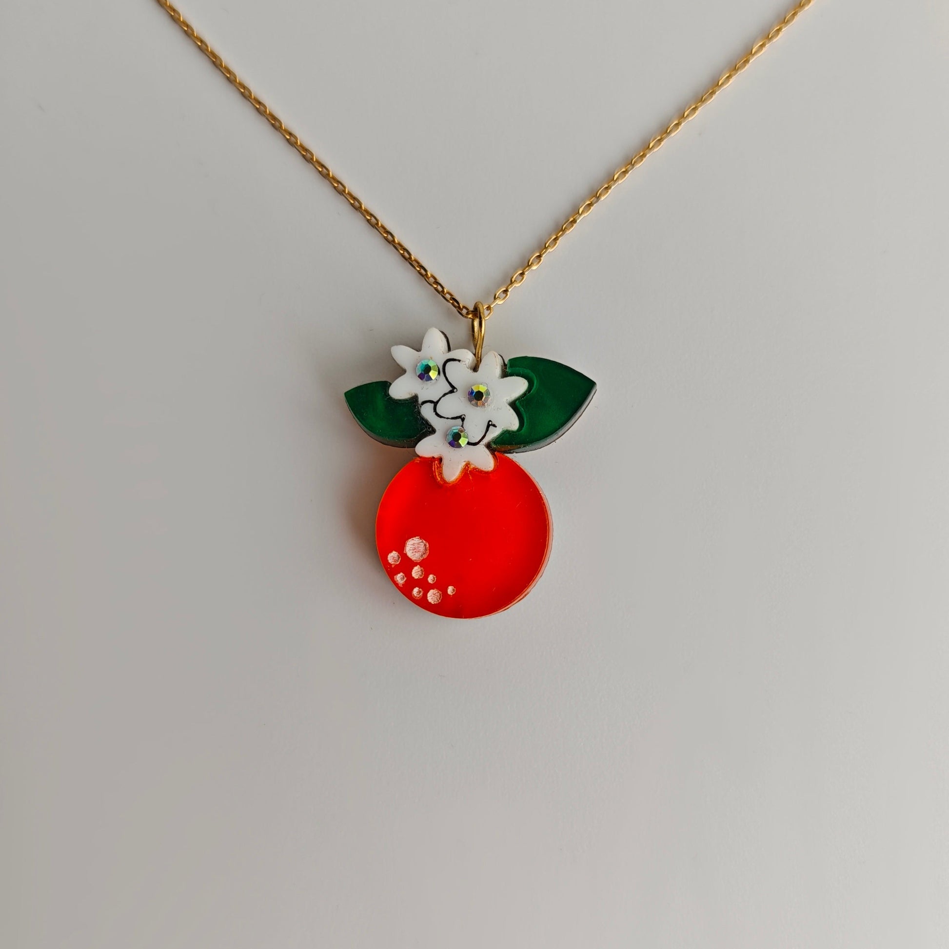 Orange fruit branch flowers leaves lightweight acrylic wood crystal stainless steel hand inked chain silver sterling S925 hypoallergenic