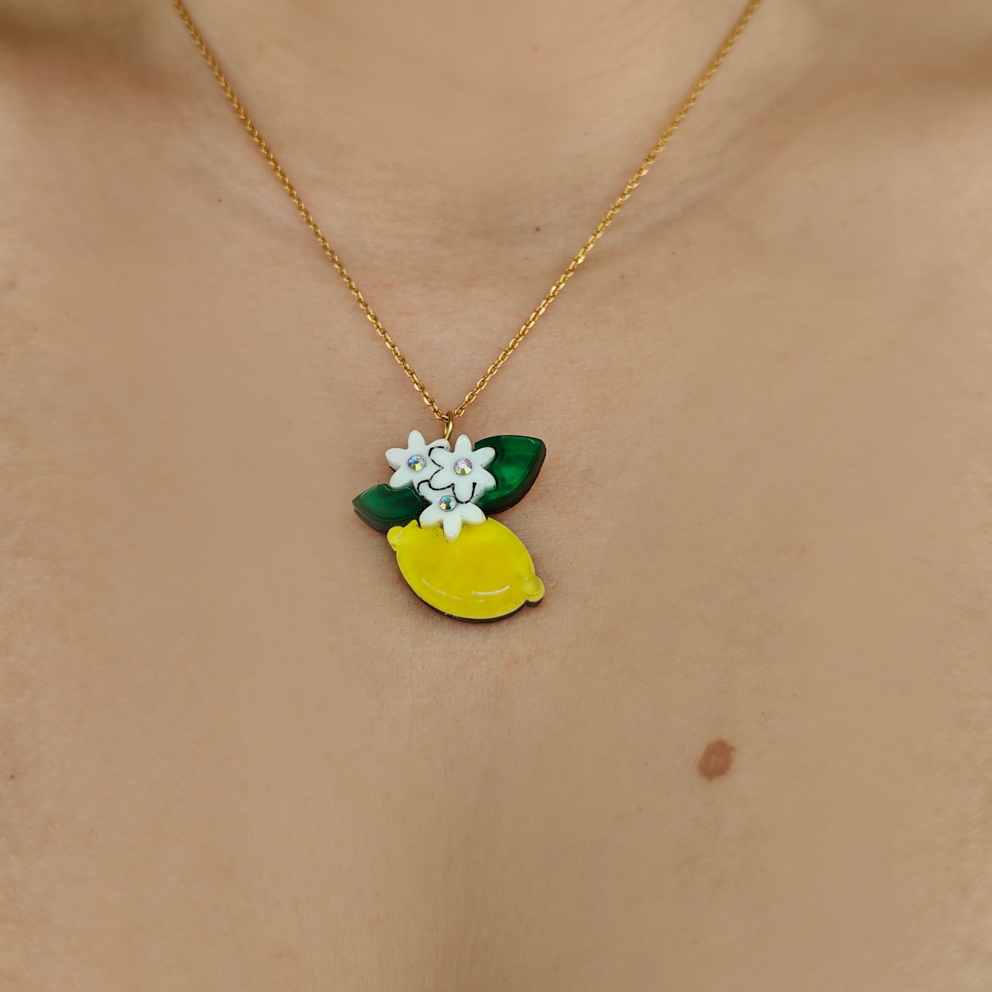 lemon sicilian flower leaves acrylic wood stainless steel sterling silver s925 yellow white marble green lightweight chain 40cm