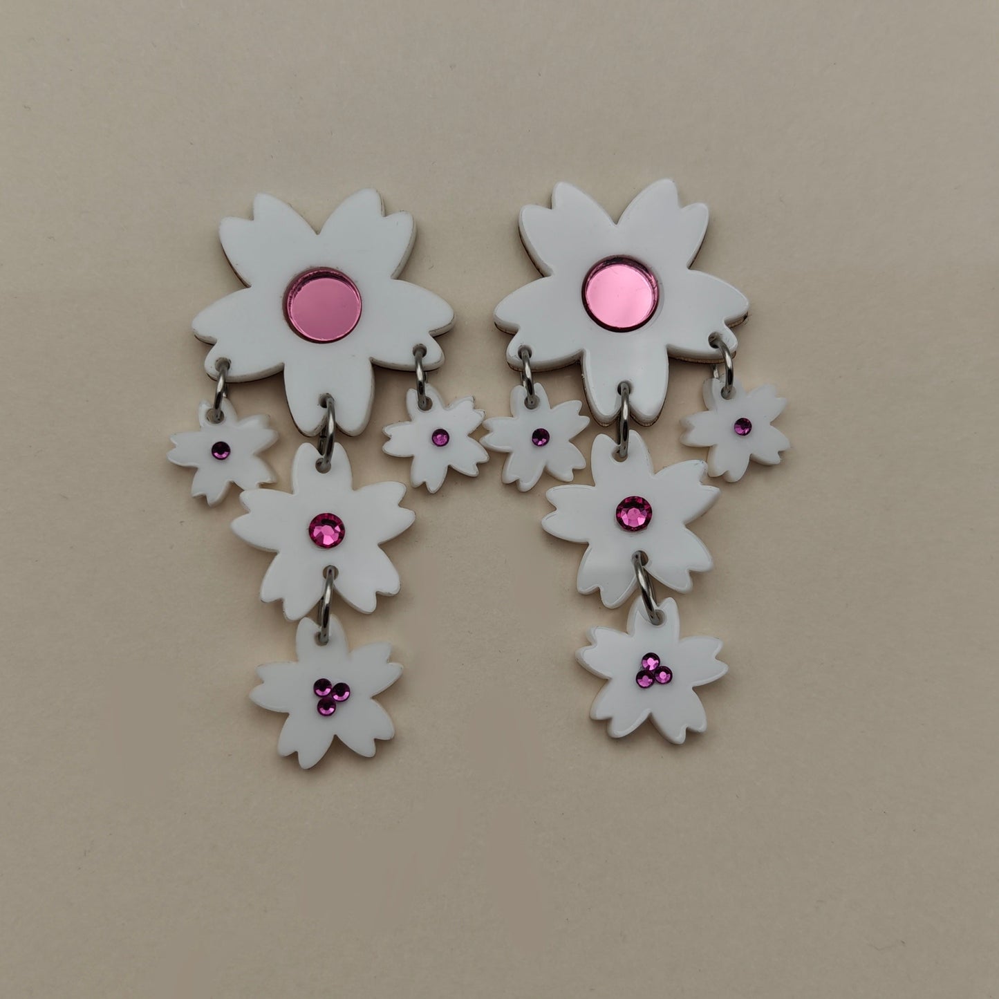 flowers dangled white pink crystal acrylic wood stainless steel hypoallergenic