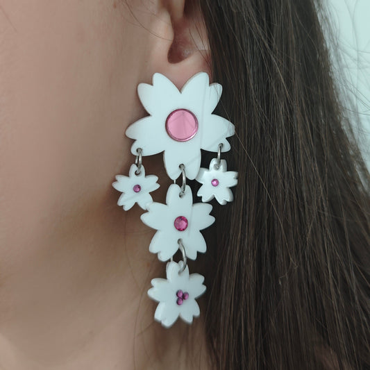 flowers dangled white pink crystal acrylic wood stainless steel hypoallergenic
