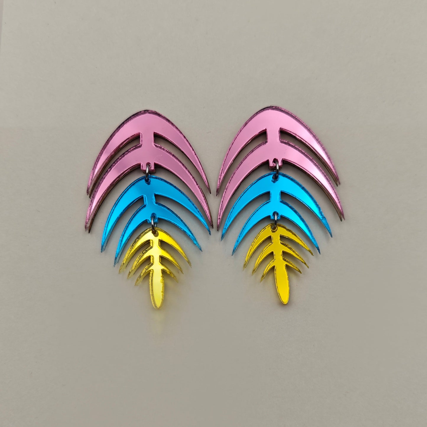 palm leaf pink blue yellow acrylic lightweight stainless steel hypoallergenic 