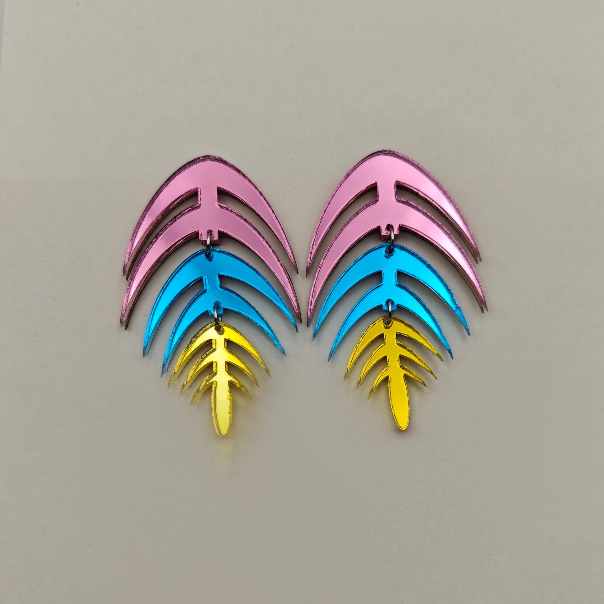 palm leaf pink blue yellow acrylic lightweight stainless steel hypoallergenic 
