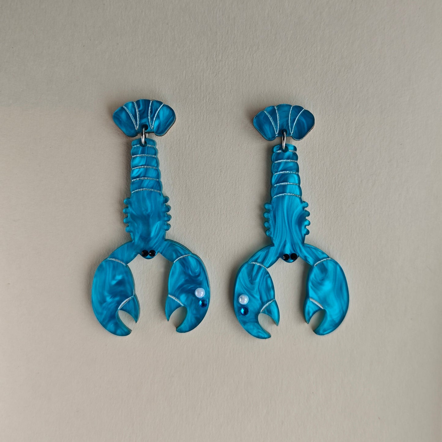 blue lobster lightweight dangle earring acrylic stainless steel pearl crystal chunky