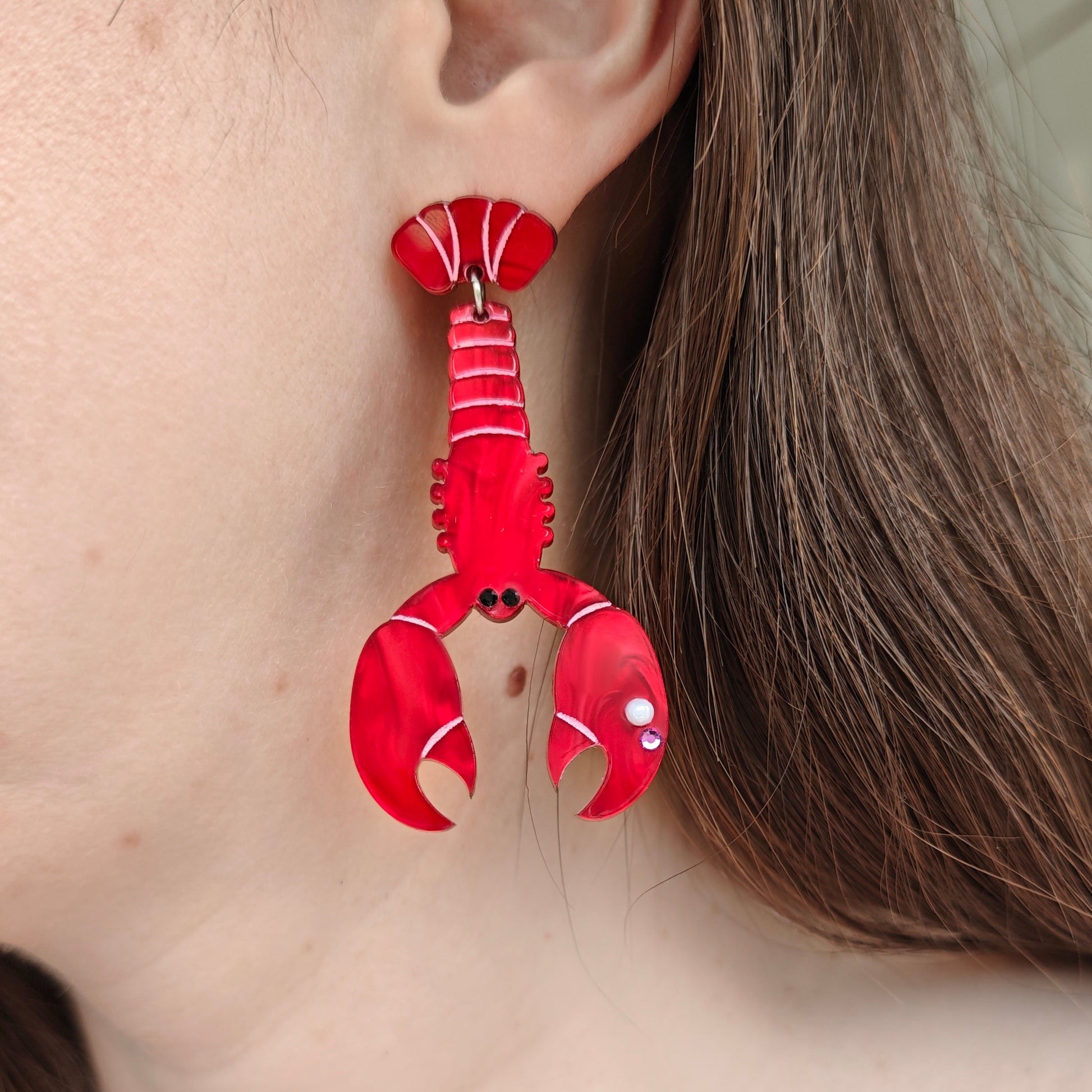 red lobster lightweight dangle earring acrylic stainless steel pearl crystal chunky