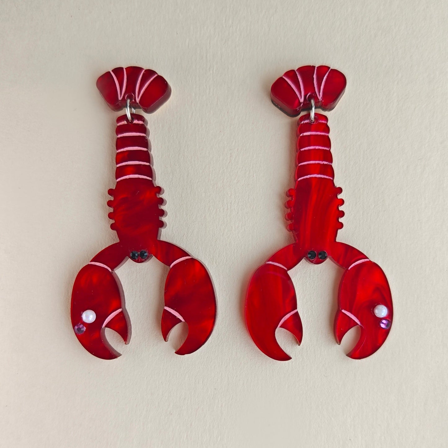 red lobster lightweight dangle earring acrylic stainless steel pearl crystal chunky