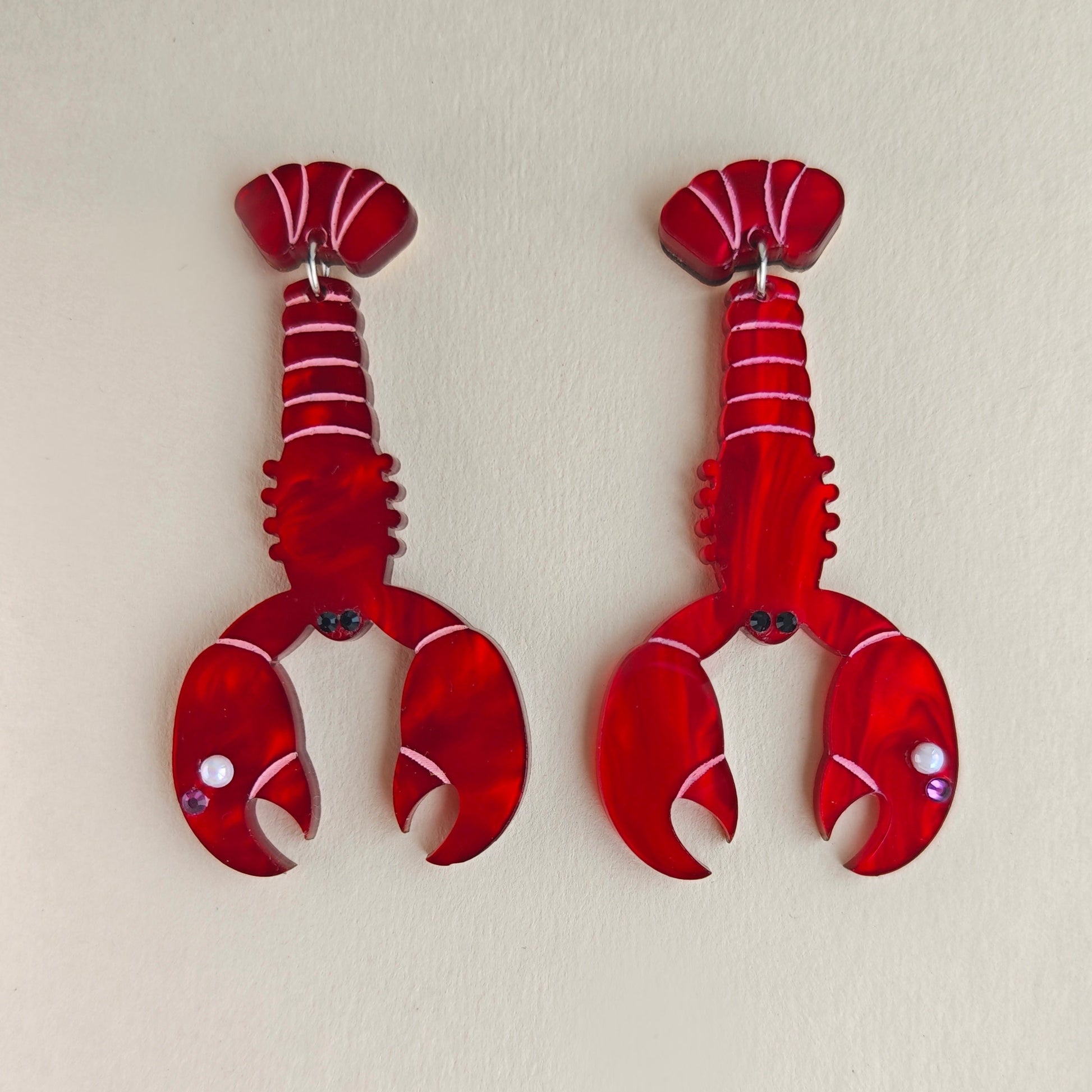 red lobster lightweight dangle earring acrylic stainless steel pearl crystal chunky