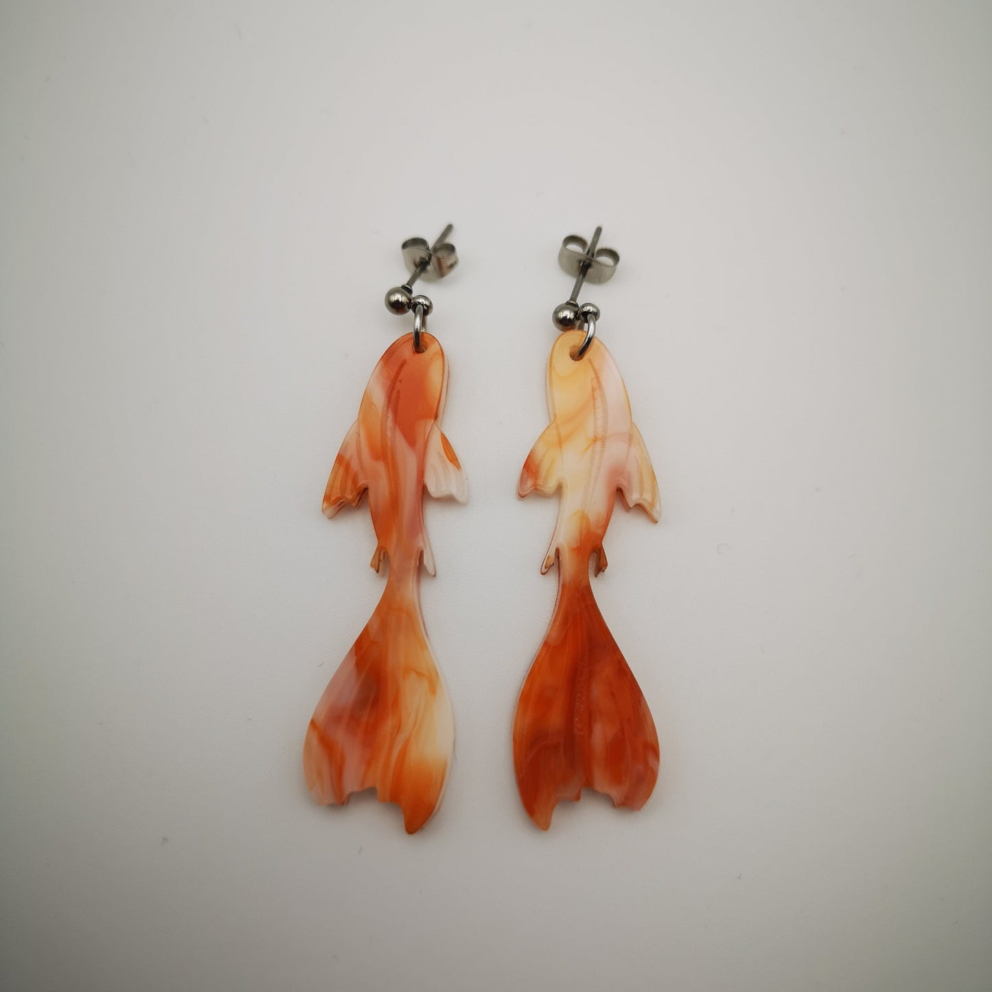 koi light fish earrings orange white acrylic stainless steel drop stud ball