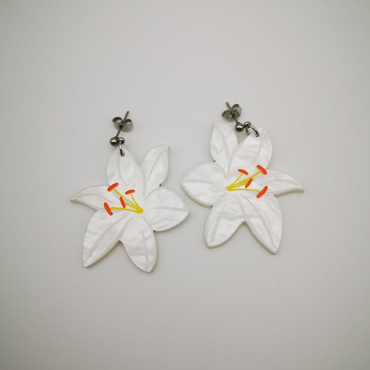 lily flower earrings white yellow orange acrylic stainless steel drop ball stud