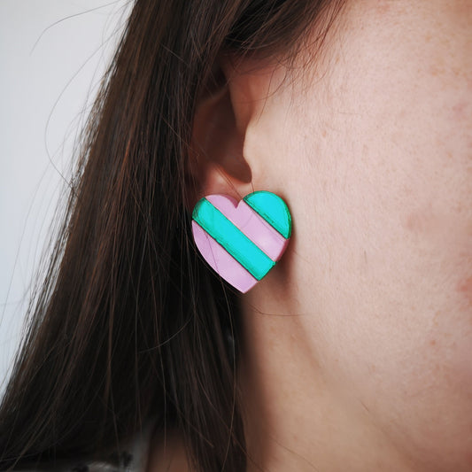 Striped heart earrings pastel pink and mirror green