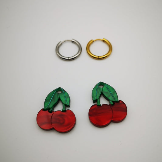 cherries earrings hoop green red acrylic stainless steel gold 