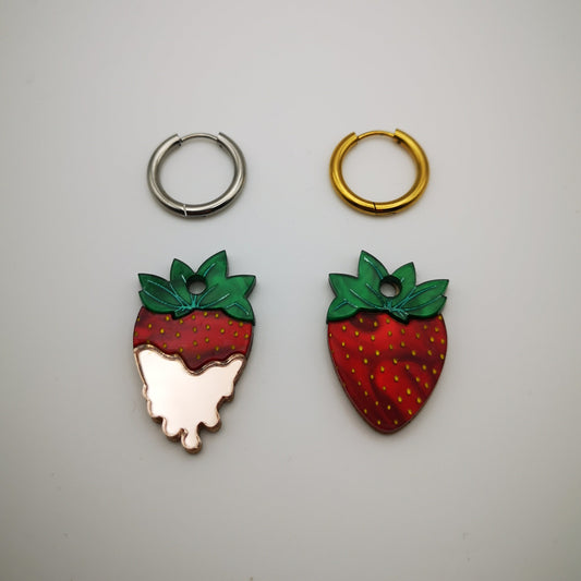 strawberries cream earrings hoop green red pink mirror acrylic stainless steel gold