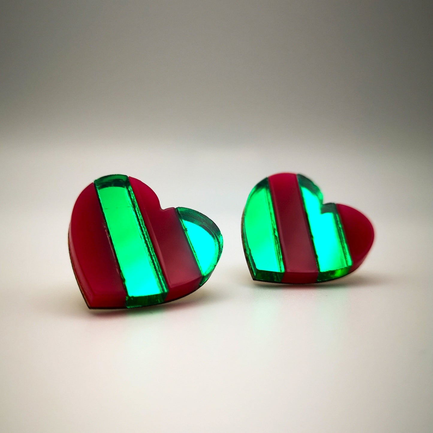 striped heart hot pink green mirror acrylic stainless steel stud wood earrings