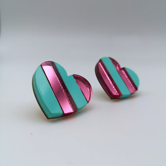 striped heart spearmint pink mirror acrylic stainless steel stud wood earrings