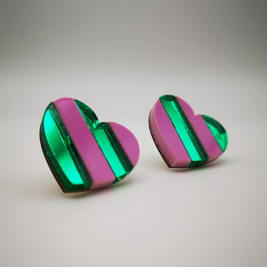 striped heart pastel pink green mirror acrylic stainless steel stud wood earrings