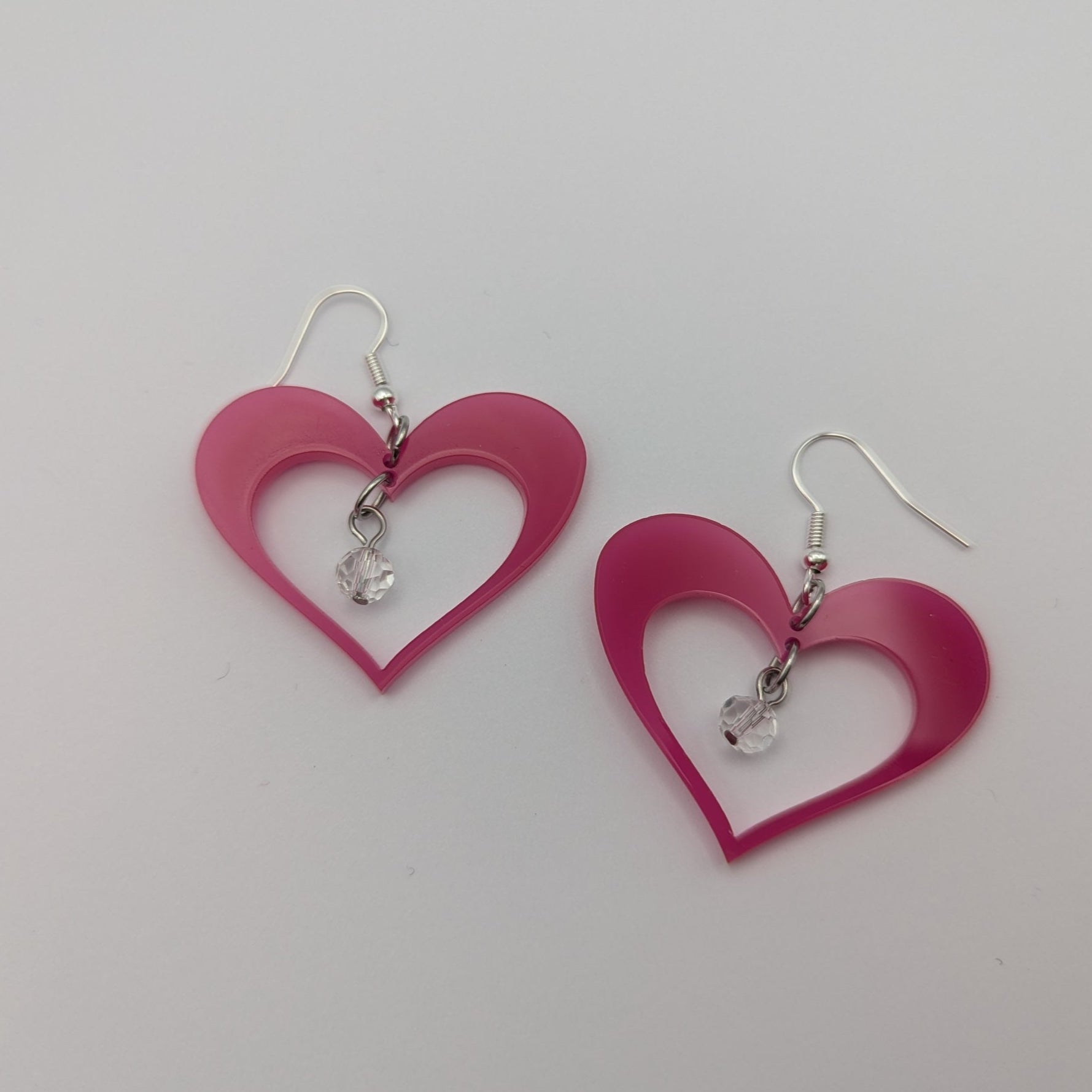 love in pink heart silhouette round glass dangle acrylic stainless steel hook earrings