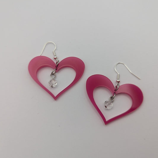 love in pink heart silhouette round glass dangle acrylic stainless steel hook earrings